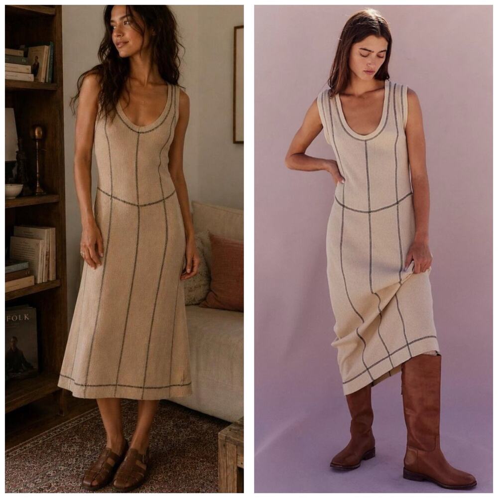 Free People Beach Felicia Midi Dress Size XL Tan Waffle Knit Sleeveless Boho
